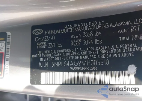 2021 Hyundai Elantra Sel z USA, uszkodzony, nr VIN 5NPLS4AG9MH005510